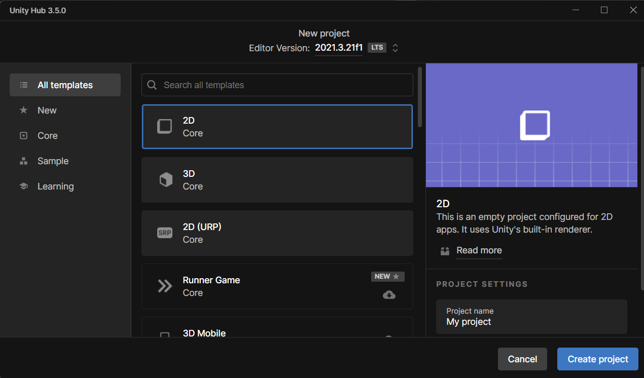 Capture d’écran montrant la fenêtre Nouveau projet Unity dans Unity Editor.