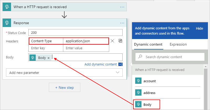 Capture d'écran montrant le portail Azure, le workflow de consommation et les informations sur l'action de réponse.