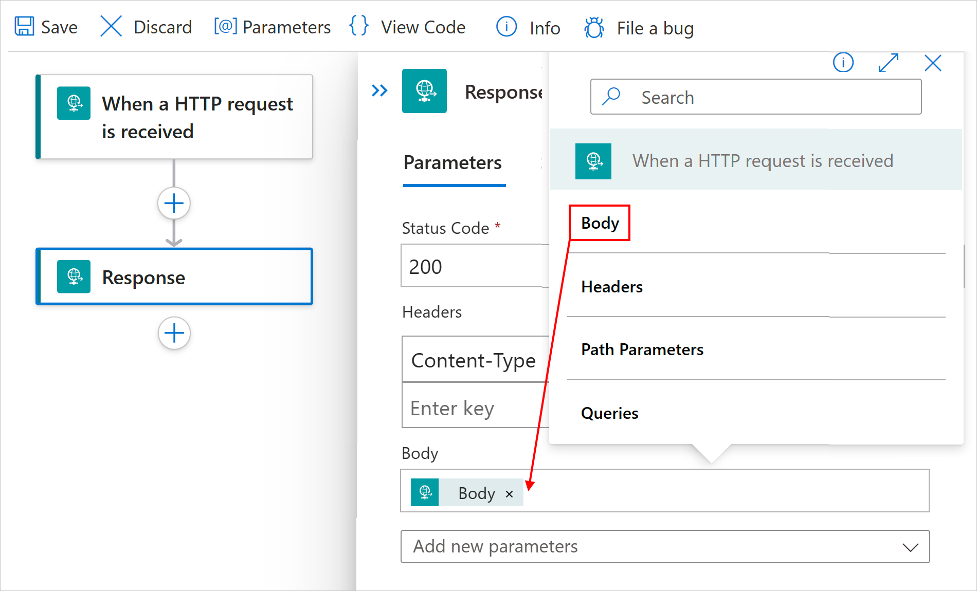 Capture d'écran montrant le portail Azure, le flux de travail standard et les informations sur l'action de réponse.