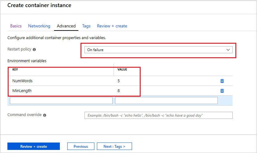 Page du portail montrant le bouton d’activation et les zones de texte des variables d’environnement