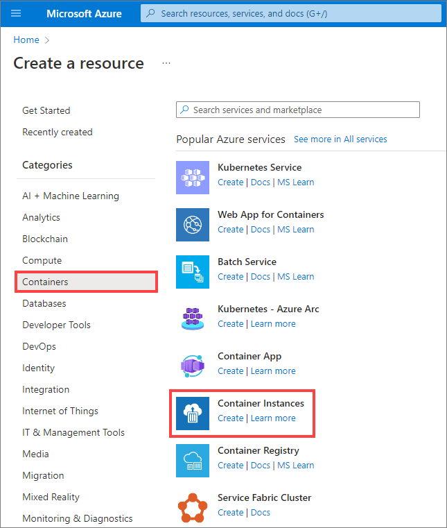 Capture d’écran montrant comment sélectionner une nouvelle instance de conteneur que vous pouvez créer dans le portail Azure.