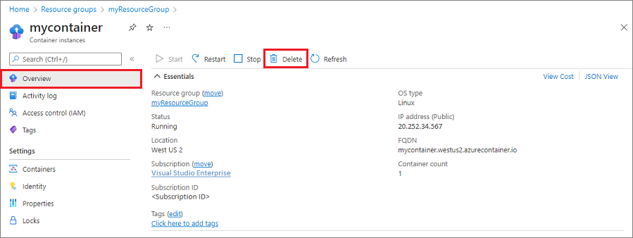 Suppression de l’instance de conteneur dans le portail Azure