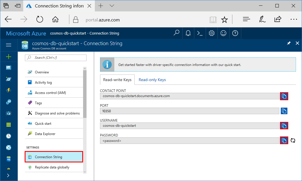 Afficher et copier une clé d’accès dans la page Chaîne de connexion du portail Azure