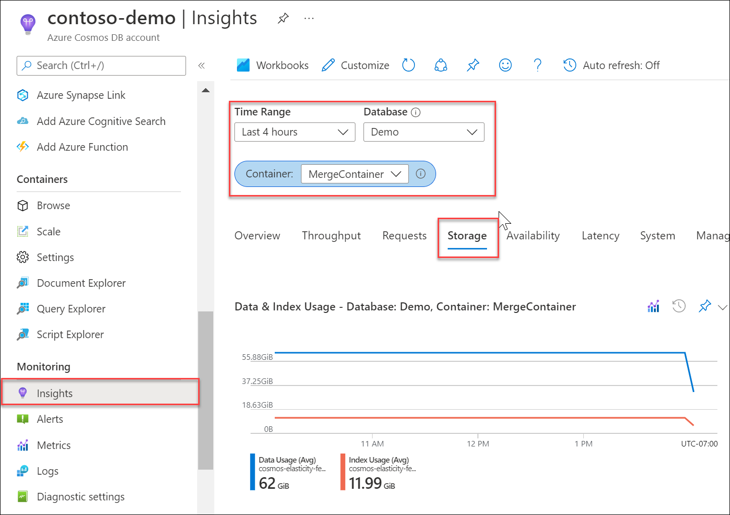 Capture d’écran de la métrique de stockage (données + index) Azure Monitor pour un conteneur sur le portail Azure.