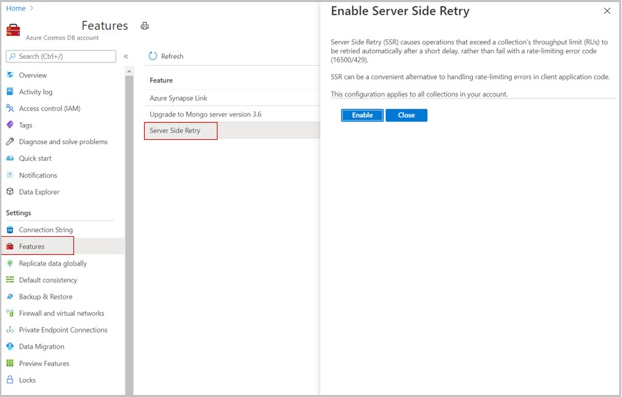 Capture d’écran de la fonctionnalité de nouvelle tentative côté serveur pour Azure Cosmos DB for MongoDB