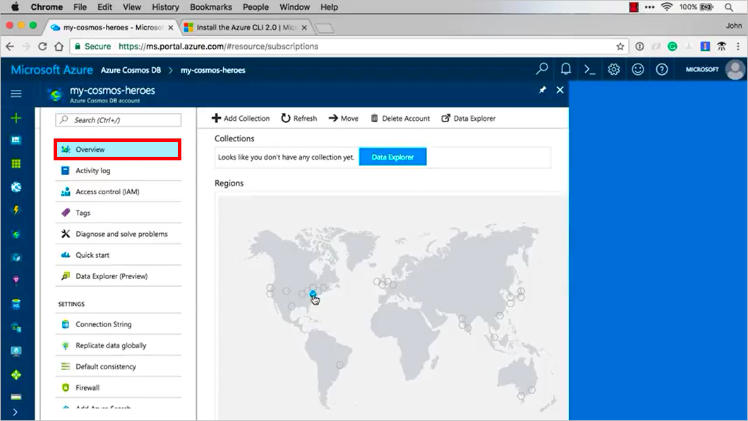 La capture d’écran montre la vue d’ensemble d’un compte Azure Cosmos DB.