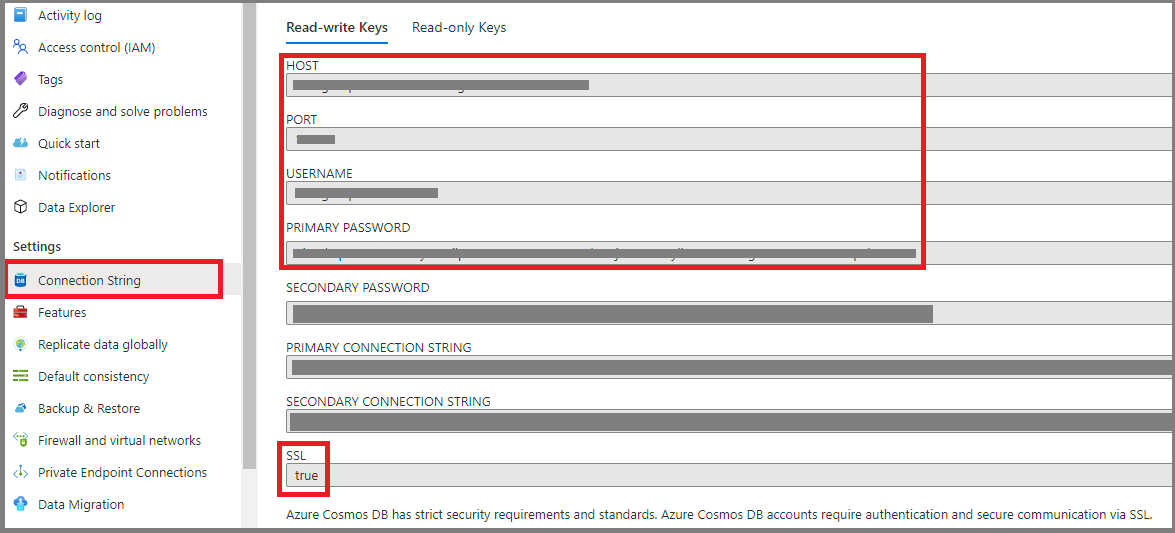 Capture d’écran des informations d’identification Azure Cosmos DB