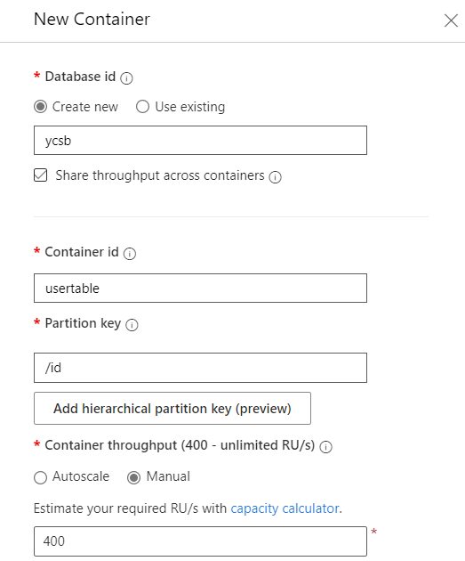 Capture d’écran de la boîte de dialogue Nouveau conteneur sur la page Data Explorer.