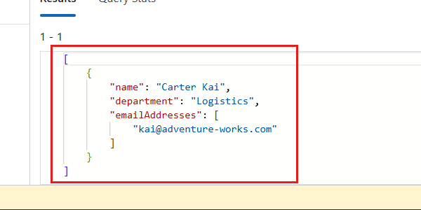 Capture d’écran des résultats de l’exécution de la requête NoSQL précédente dans l’Explorateur de données.