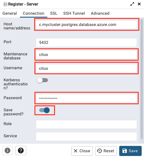 Capture d’écran montrant les paramètres de connexion pgAdmin.