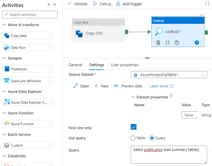 Capture d’écran montrant l’appel d’une procédure dans Azure Data Factory.