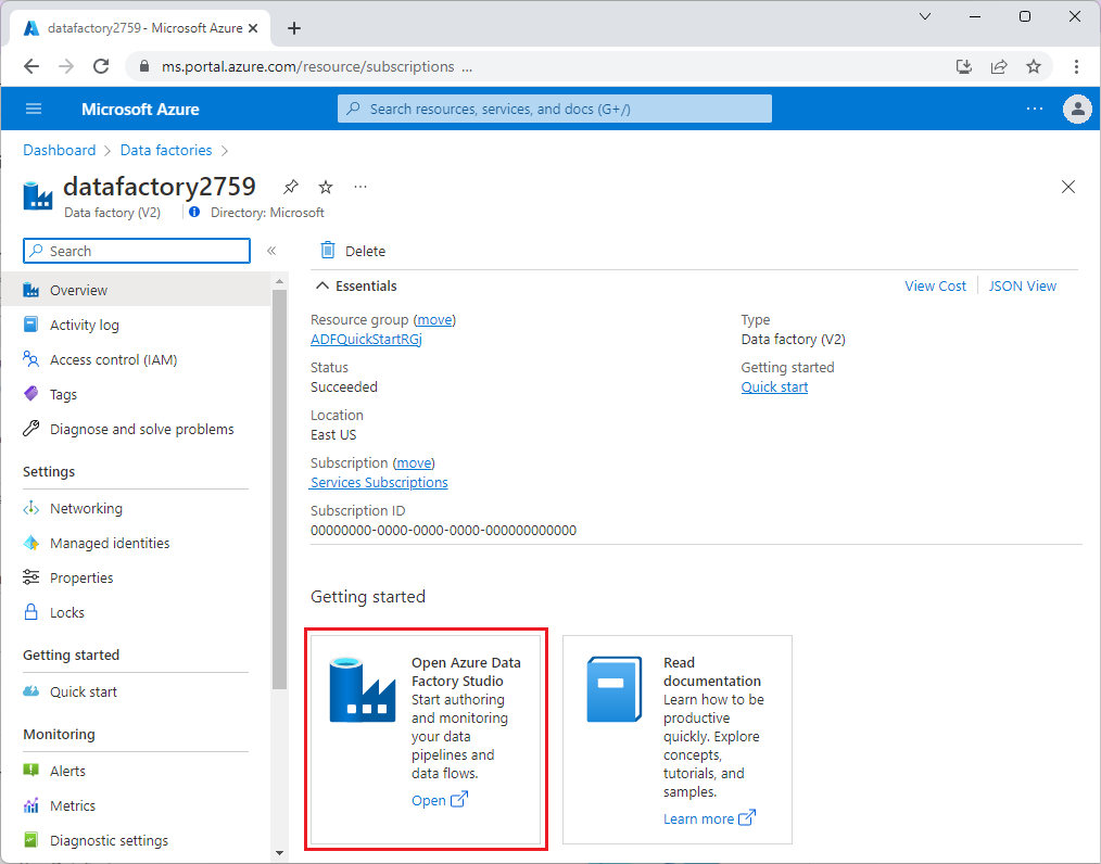 Capture d’écran montrant la page d’accueil d’Azure Data Factory.