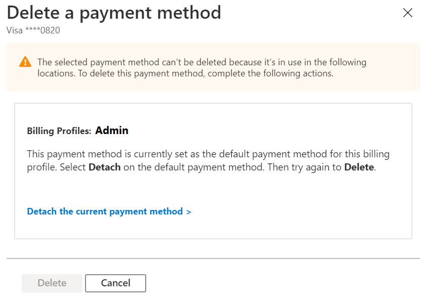 Exemple de capture d’écran montrant qu’un compte Contrat client Microsoft utilise un mode de paiement.