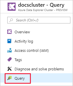 Capture d’écran d’un cluster Azure Data Explorer dans le portail Azure. L’élément Requête est mis en évidence.