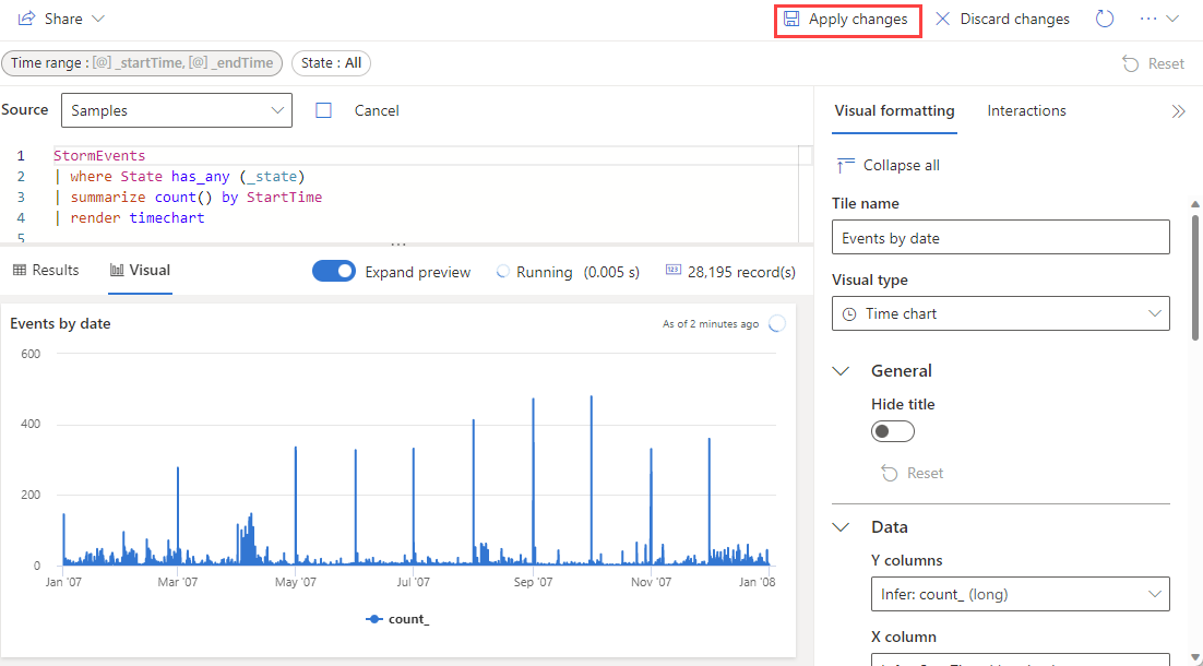 Capture d’écran montrant comment enregistrer les modifications apportées à votre vignette de tableau de bord dans l’interface utilisateur web d’Azure Data Explorer.