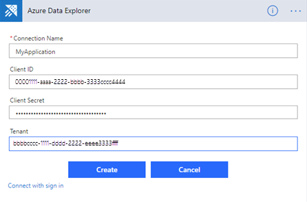 Capture d’écran de connexion Azure Data Explorer, montrant la boîte de dialogue d’authentification d’application.