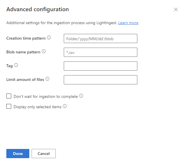 Capture d’écran du volet de configuration avancée montrant les paramètres supplémentaires pour le traitement de l’ingestion impliquant l’outil LightIngest.