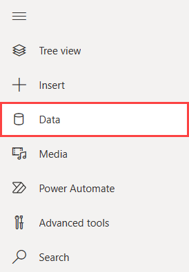 Capture d’écran du menu de navigation dans la page nouvelle application. L’option de menu intitulée Données est mise en surbrillance.