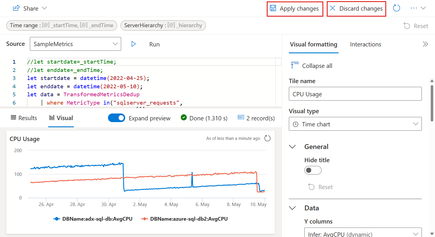 Capture d’écran de la fenêtre de modification des vignettes d’utilisation du processeur avec des options permettant d’appliquer ou d’ignorer les modifications.