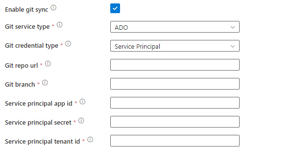 Capture d’écran montrant les options d’infos de connexion SPN Git dans la boîte de dialogue de configuration de l’environnement Airflow qui s’affiche lors de la création d’un runtime d’intégration du gestionnaire du flux de travail.