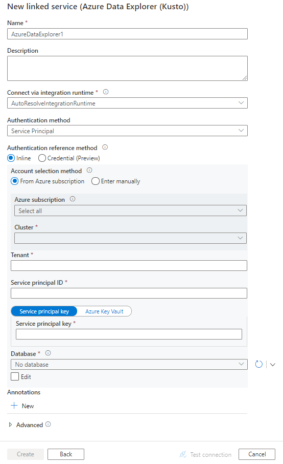 Capture d’écran de la configuration du service lié pour Azure Data Explorer.