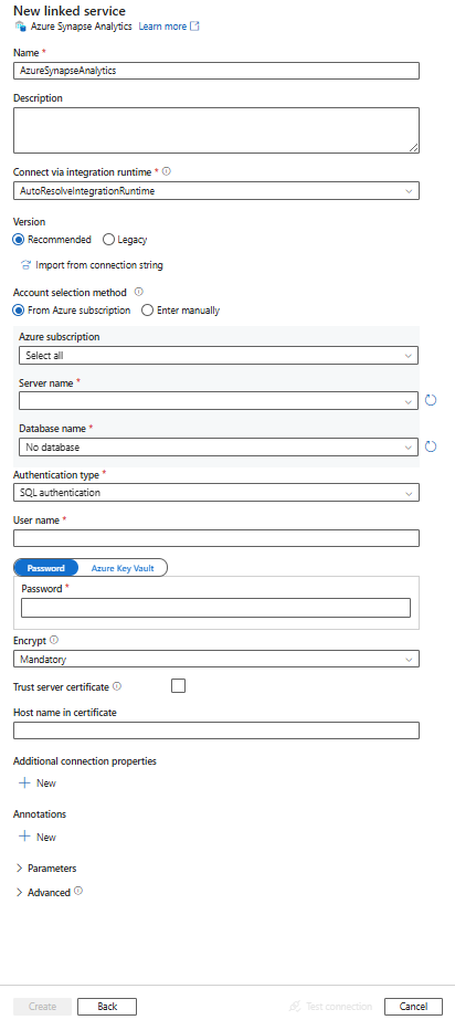 Capture d’écran de la configuration d’un service lié Azure Synapse Analytics.