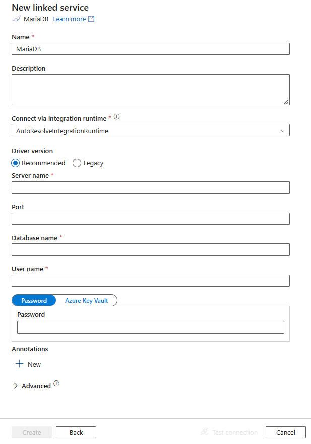 Capture d’écran de la configuration du service lié pour MariaDB.