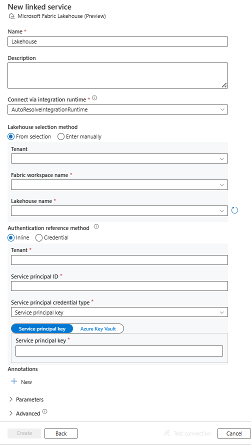 Capture d’écran de la configuration du service lié Microsoft Fabric Lakehouse.