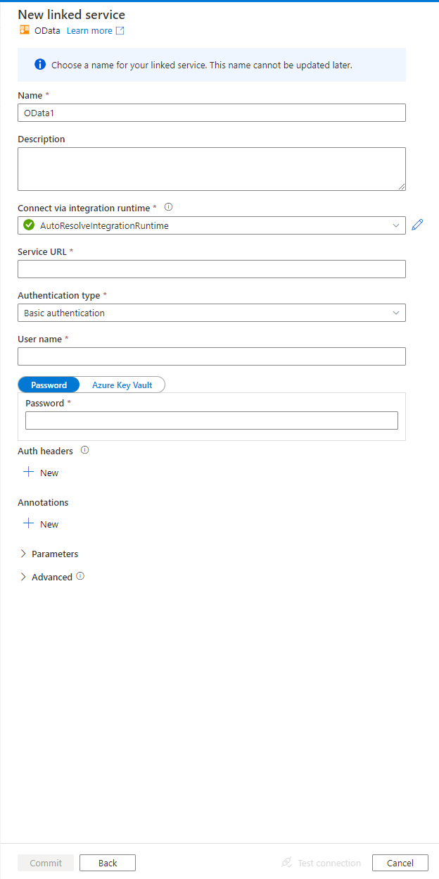 Capture d’écran de la configuration du service lié pour un magasin OData.