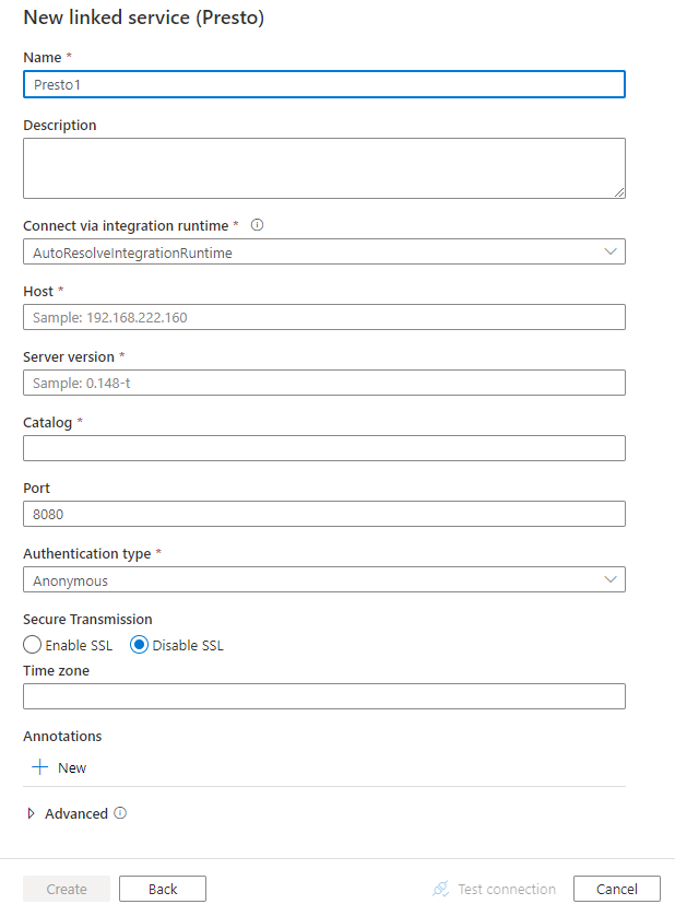 Capture d’écran de la configuration du service lié pour Presto.