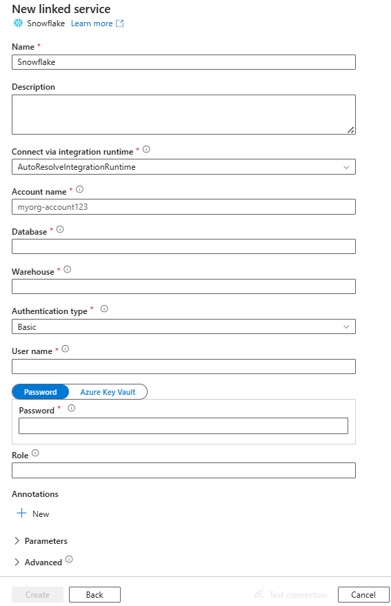 Capture d’écran montrant la configuration du service lié pour Snowflake.