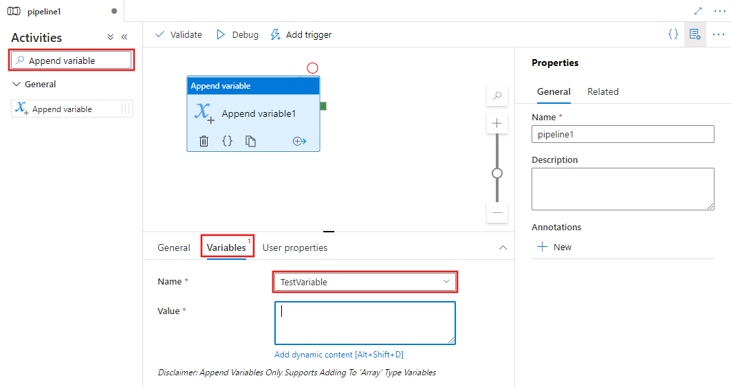 Affiche l’interface utilisateur d’une activité Append Variable.