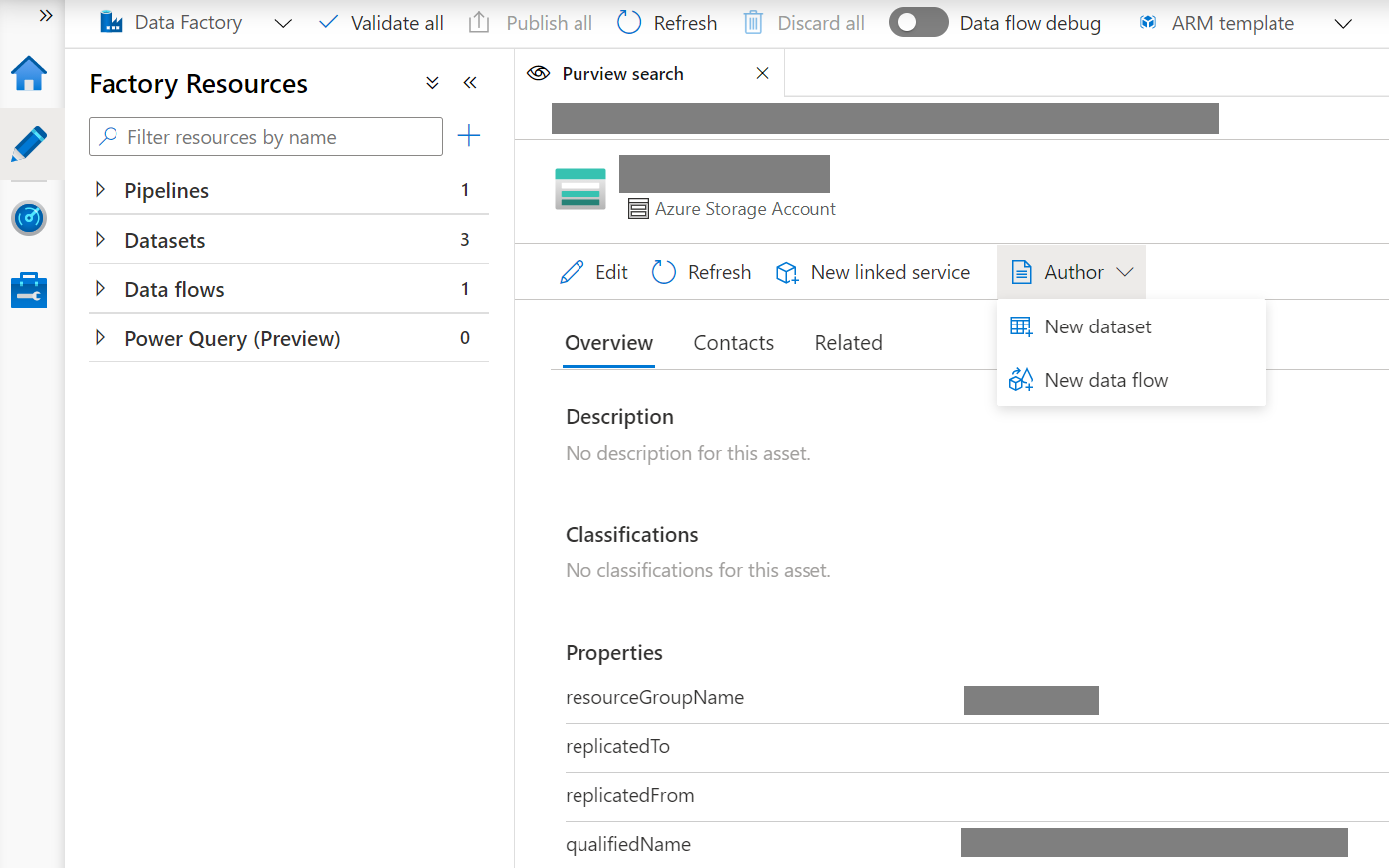 Capture d’écran montrant comment vous pouvez créer directement un service lié, un jeu de données ou un flux de données sur les données dans lesquelles vous recherchez via Azure Purview.