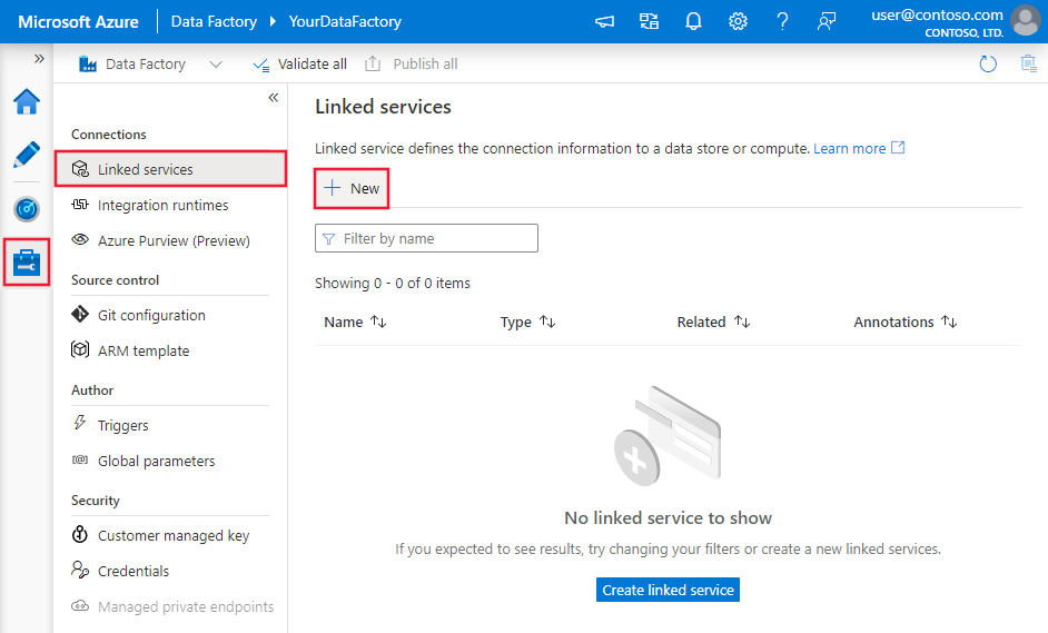 Capture d’écran montrant la création d’un service lié avec l’interface utilisateur Azure Data Factory.