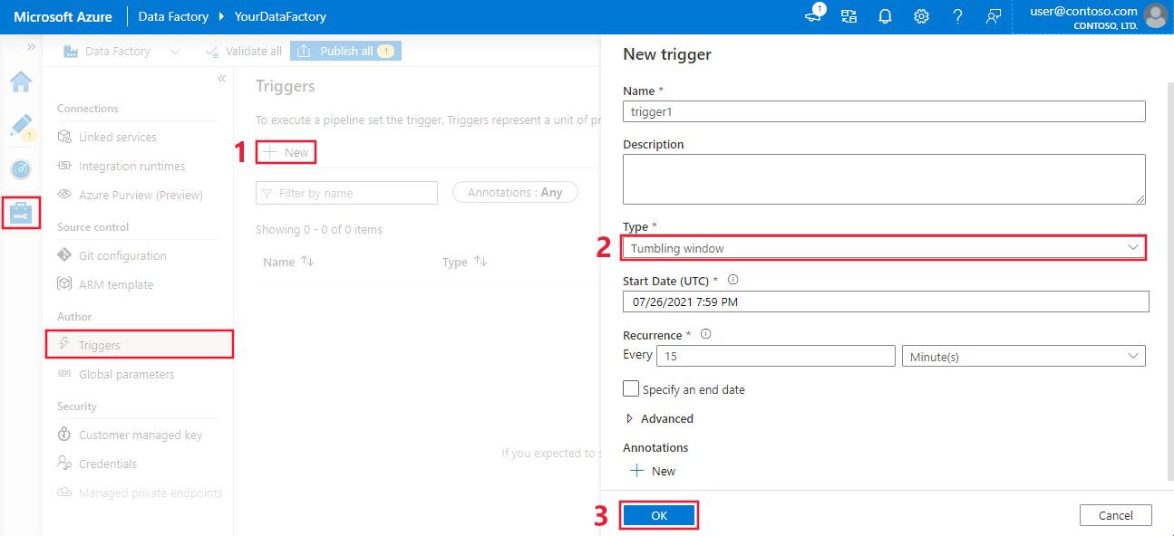 Capture d’écran montrant la création d’un déclencheur de fenêtre bascule dans le portail Azure dans Data Factory.