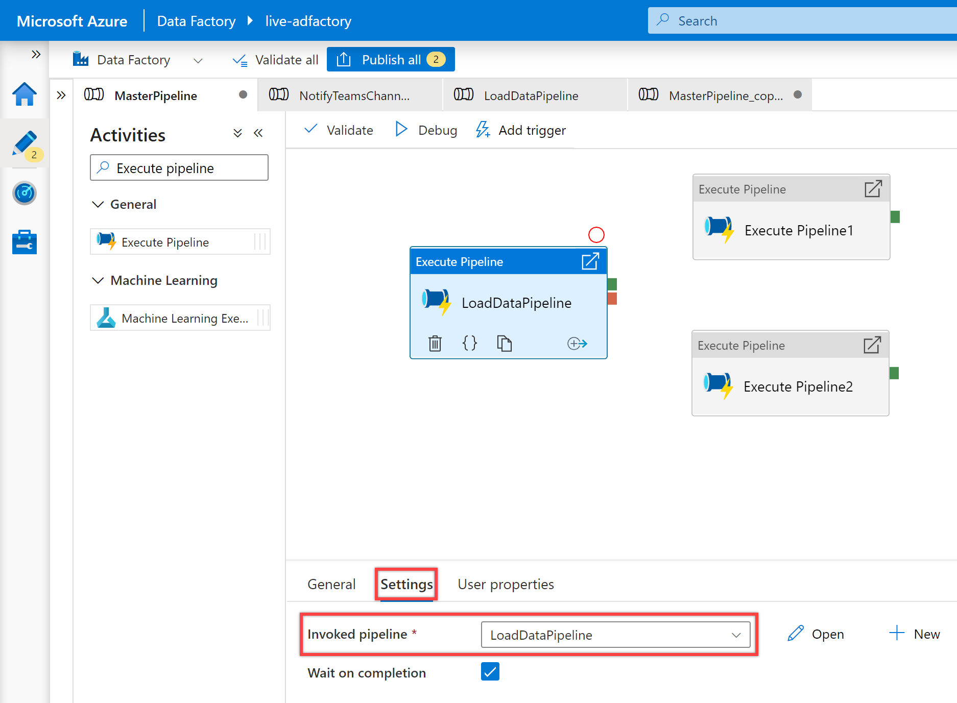 Shows the "Execute pipeline" activity setting pane for "LoadDataPipeline" pipeline.