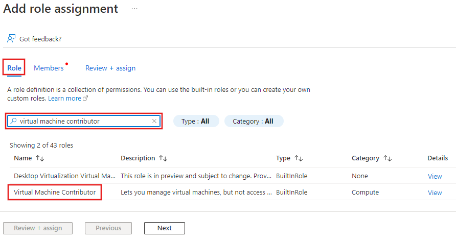 Sreenshot showing search results for the "Virtual Machine Contributor" role.