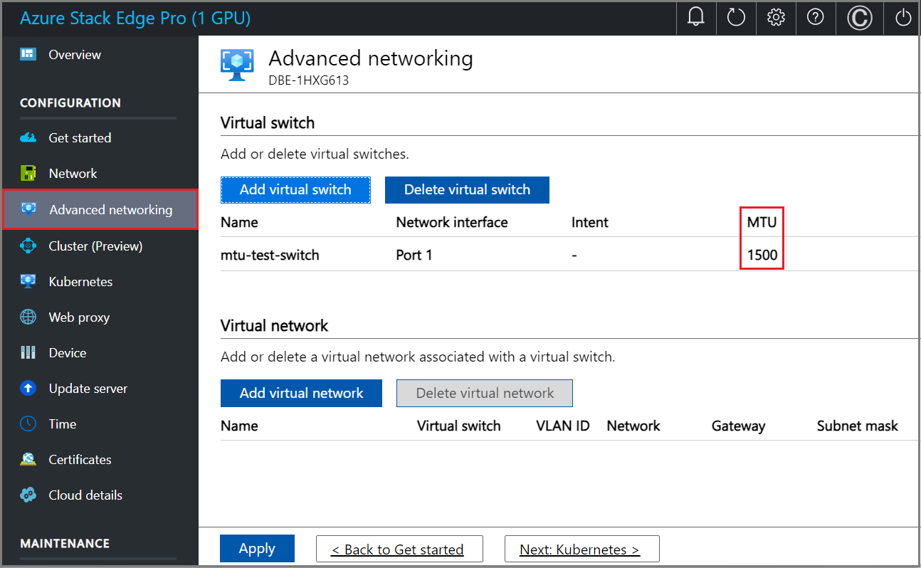 Capture d'écran du paramètre MTU dans Mise en réseau avancée dans l'interface utilisateur locale