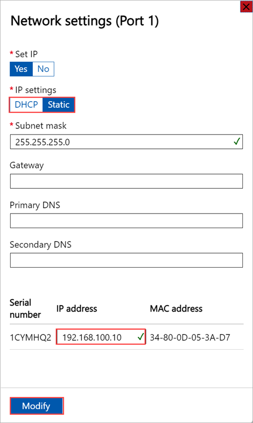 Capture d’écran de l’interface utilisateur web locale affichant les « Paramètres réseau du Port 1 » pour un nœud.