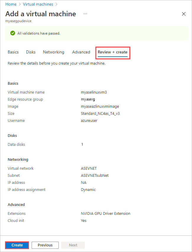 Capture d’écran montrant l’onglet Révision + créer de l’Assistant « Ajouter une machine virtuelle » dans Azure Stack Edge. L'onglet Révision + créer est mis en évidence