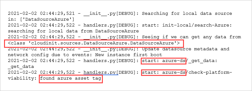 Illustration d’une entrée de journal cloud-init pour une image de machine virtuelle dont la source de données est définie sur Azure. Le texte d’identification est mis en évidence.