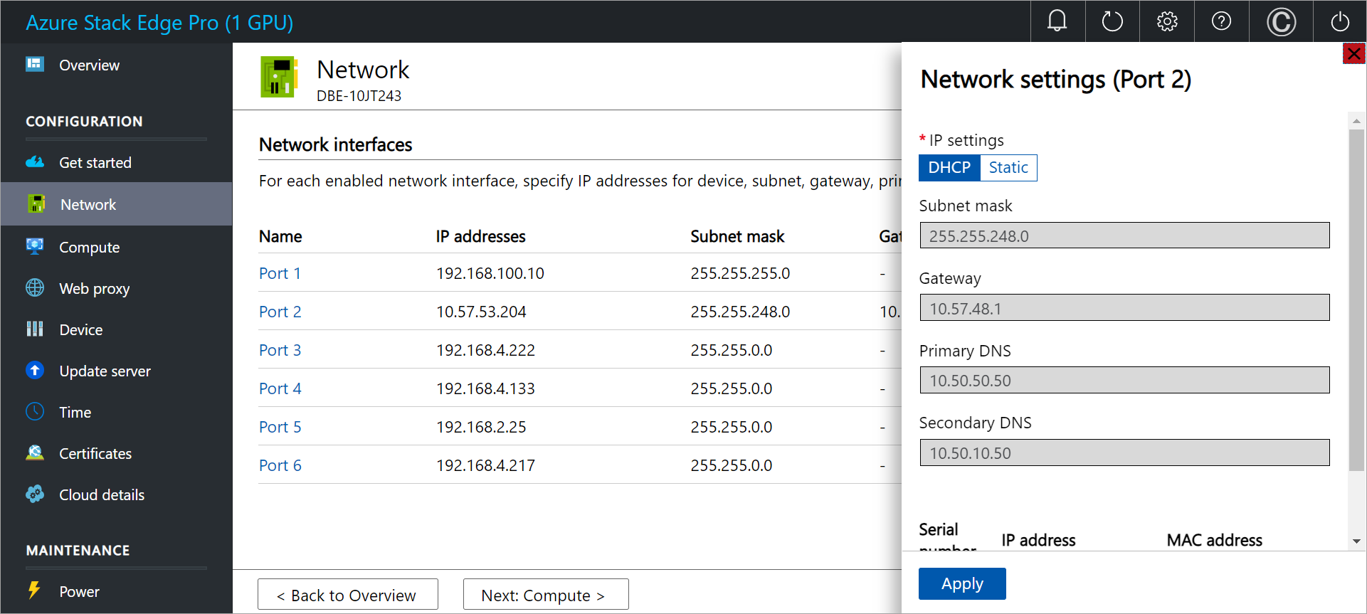 Capture d’écran de la page réseau d’un appareil Azure Stack Edge avec les paramètres réseau du port 2 affichés.