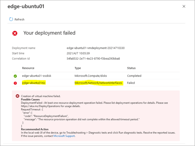 Capture d’écran de l’erreur affichée dans le Portail Azure lors de l’échec de la création de l’interface réseau lors du déploiement d’une machine virtuelle sur un appareil Azure Stack Edge.