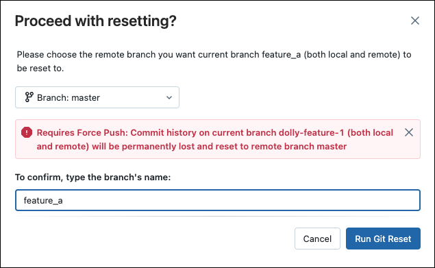 Boîte de dialogue Git reset --hard.