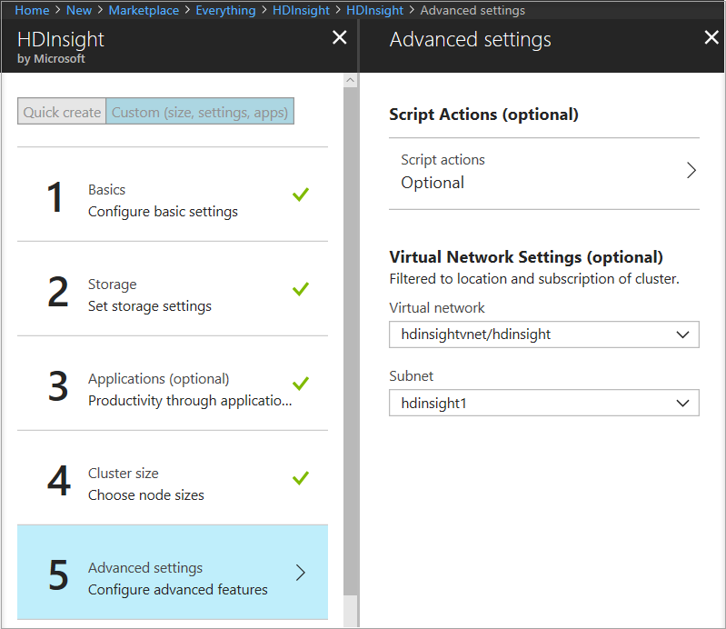 Volets « HDInsight » et « Paramètres avancés », avec les paramètres de réseau virtuel