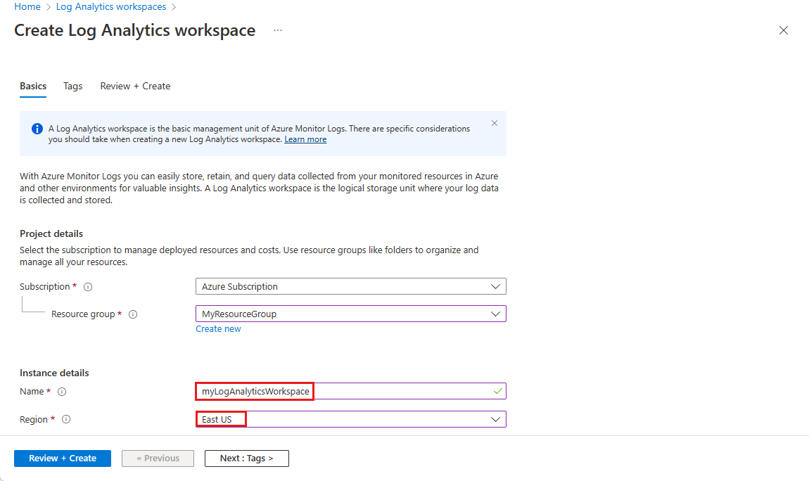 Capture d’écran de la configuration d’un espace de travail Log Analytics.