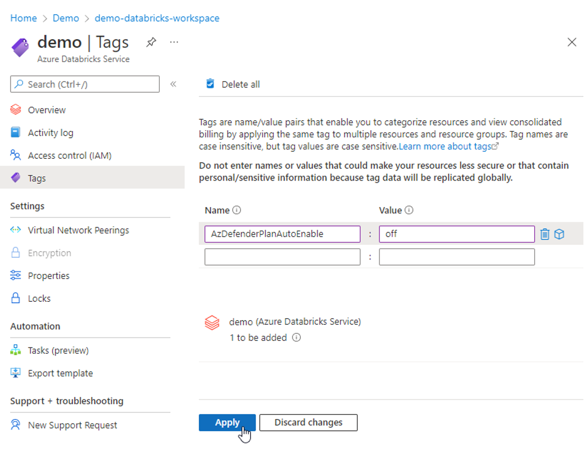 Capture d’écran présentant l’emplacement et montrant comment appliquer l’étiquette à votre compte Azure Databricks.