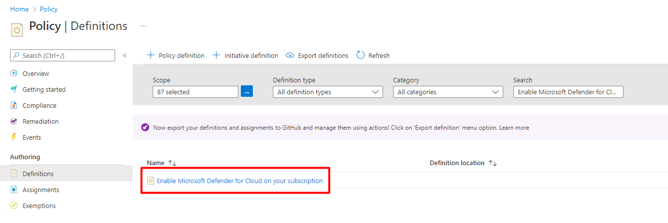 Capture d’écran affichant la définition Azure Policy Activer Defender pour le cloud sur votre abonnement.