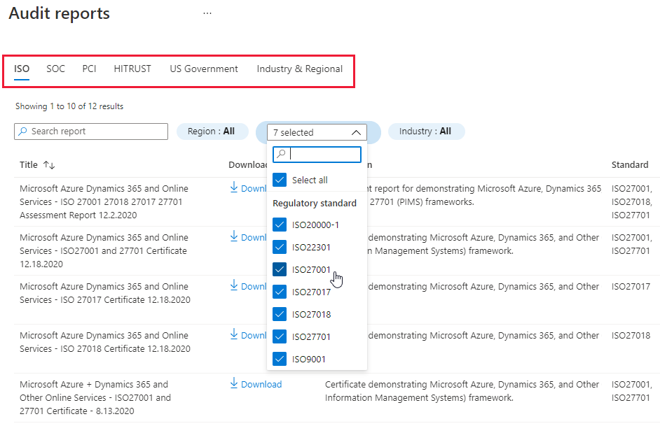 Listes avec onglets de rapports d’audit Azure disponibles. Les onglets sont affichés pour les rapports ISO, SOC, PCI, etc.