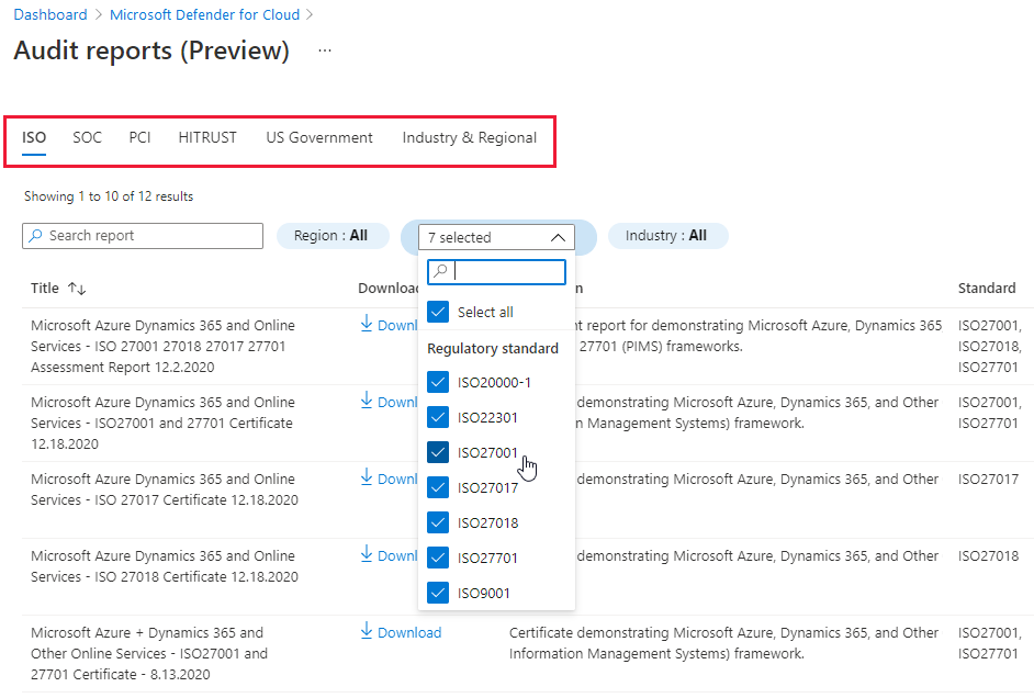 Filtrage de la liste des rapports d’audit Azure disponibles.